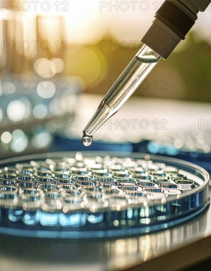 A pipette hovers over a round microplate filled with blue solution in soft golden light, Pipette dispensing a liquid onto a multi-well plate in a clean laboratory, close up of medical equipment with blurred laboratory background, science, technology and health concept, AI generated