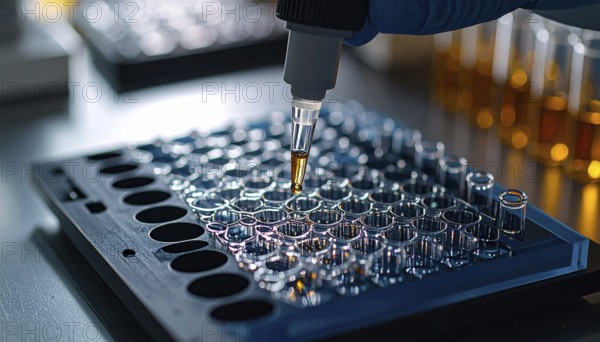 Pipette releases a droplet into a multiwell plate under cool lab light with warm highlights, Pipette dispensing a liquid onto a multi-well plate in a clean laboratory, close up of medical equipment with blurred laboratory background, science, technology and health concept, AI generated