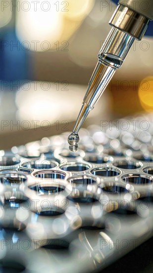 A suspended droplet hangs between pipette and microplate in a focused lab moment, Pipette dispensing a liquid onto a multi-well plate in a clean laboratory, close up of medical equipment with blurred laboratory background, science, technology and health concept, AI generated