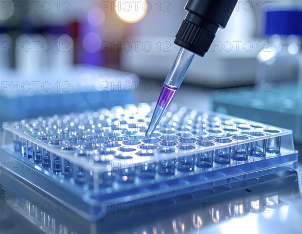 A pipette delivers a violet reagent into a blue multiwell plate on a bright, sterile bench, signaling focused analysis, Pipette dispensing a liquid onto a multi-well plate in a clean laboratory, close up of medical equipment with blurred laboratory background, science, technology and health concept, AI generated