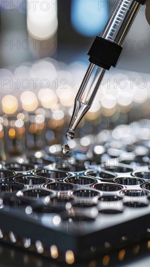 A droplet hangs midair beneath a pipette over mirror-like wells, dramatic lighting accentuating exacting lab work, Pipette dispensing a liquid onto a multi-well plate in a clean laboratory, close up of medical equipment with blurred laboratory background, science, technology and health concept, AI generated