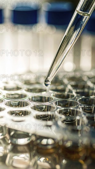 A clear droplet hangs from a pipette above shimmering wells in soft light, Pipette dispensing a liquid onto a multi-well plate in a clean laboratory, close up of medical equipment with blurred laboratory background, science, technology and health concept, AI generated