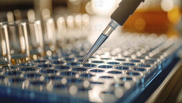A pipette tip approaches reflective metal wells under warm lab lighting, Pipette dispensing a liquid onto a multi-well plate in a clean laboratory, close up of medical equipment with blurred laboratory background, science, technology and health concept, AI generated