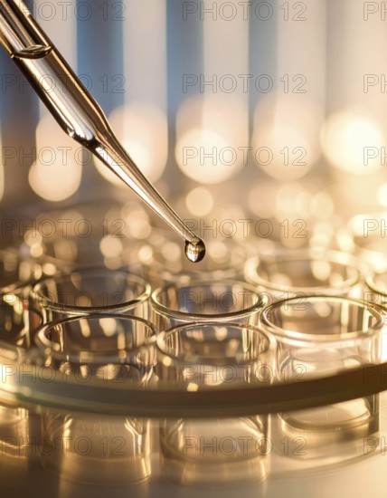 A single droplet descends from a glass pipette toward a petri dish, bathed in soft golden light for a serene, precise lab mood, Pipette dispensing a liquid onto a multi-well plate in a clean laboratory, close up of medical equipment with blurred laboratory background, science, technology and health concept, AI generated