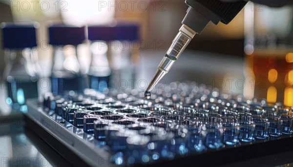 A pipette hovers over a blue-filled microplate as a droplet forms in a calm, sterile lab, Pipette dispensing a liquid onto a multi-well plate in a clean laboratory, close up of medical equipment with blurred laboratory background, science, technology and health concept, AI generated