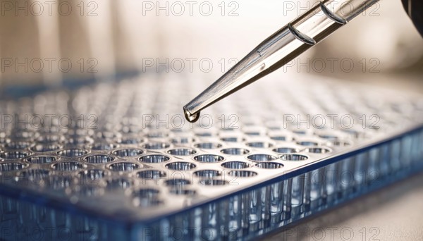 Precise droplet at pipette tip above blue microplate in sterile light, Pipette dispensing a liquid onto a multi-well plate in a clean laboratory, close up of medical equipment with blurred laboratory background, science, technology and health concept, AI generated