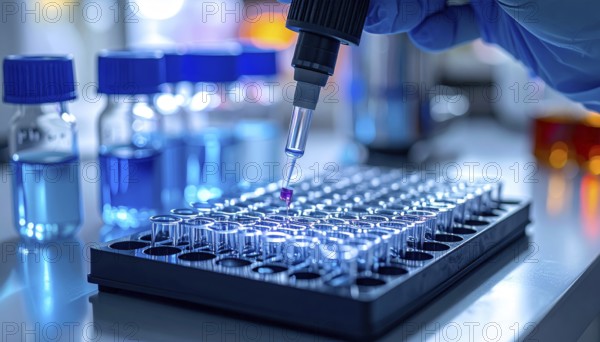 A magenta droplet from a micropipette hovers over clear microtubes amid blue lab glassware, conveying precision in a sterile, high-tech setting, Pipette dispensing a liquid onto a multi-well plate in a clean laboratory, close up of medical equipment with blurred laboratory background, science, technology and health concept, AI generated
