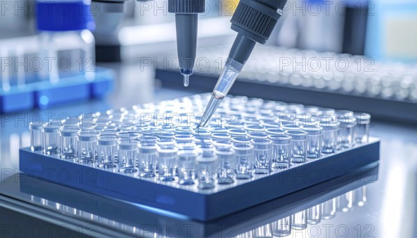 Pipettes dispense reagent into a blue 96-well plate under crisp laboratory light, Pipette dispensing a liquid onto a multi-well plate in a clean laboratory, close up of medical equipment with blurred laboratory background, science, technology and health concept, AI generated