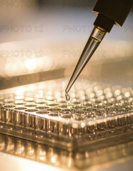 Suspended droplet from a pipette above a microplate in soft golden light, Pipette dispensing a liquid onto a multi-well plate in a clean laboratory, close up of medical equipment with blurred laboratory background, science, technology and health concept, AI generated