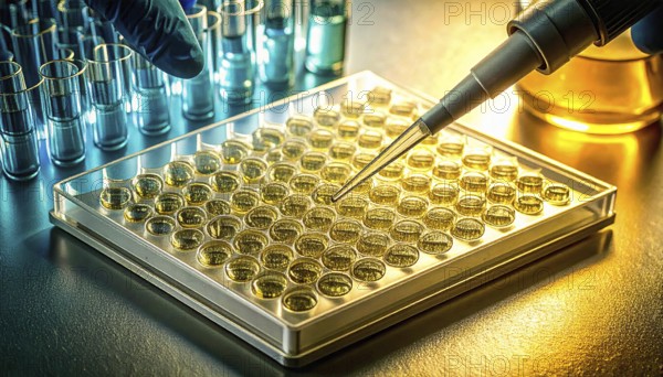 Pipette targets a golden-filled microplate beside blue vials under teal and gold light, Pipette dispensing a liquid onto a multi-well plate in a clean laboratory, close up of medical equipment with blurred laboratory background, science, technology and health concept, AI generated