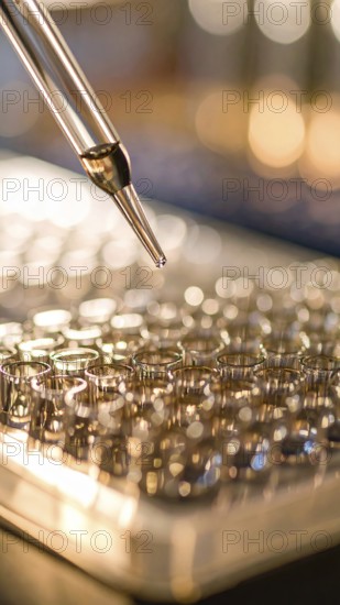 Pipette hovers over gleaming microplate wells amid a warm amber glow, Pipette dispensing a liquid onto a multi-well plate in a clean laboratory, close up of medical equipment with blurred laboratory background, science, technology and health concept, AI generated
