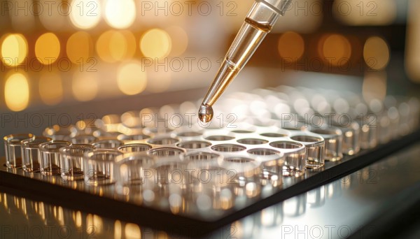 Pipette releases a droplet above a clear microplate under warm golden lab lighting, Pipette dispensing a liquid onto a multi-well plate in a clean laboratory, close up of medical equipment with blurred laboratory background, science, technology and health concept, AI generated