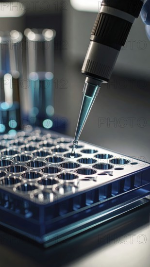 Blue-tipped pipette dispenses into a microplate under dramatic lab light, Pipette dispensing a liquid onto a multi-well plate in a clean laboratory, close up of medical equipment with blurred laboratory background, science, technology and health concept, AI generated