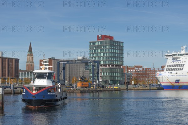 Fjord liner, town hall tower, container, crane, bow of the ferry Stena Scandinavica am Schwedenkai, Stena Line, harbour crane, Kiel, Kiel Fjord, Schleswig-Holstein, Germany