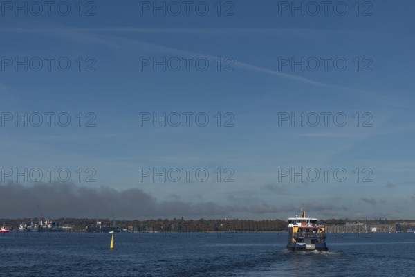 State capital Kiel, industry and shipyards in the Friedrichsort district, LINDENAU Werft GmbH. dock, liner, restricted area, yellow buoy with solar panels, economy, industry, Schleswig-Holstein, Germany