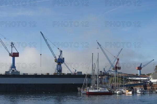 State capital Kiel, industry and shipyards in the Friedrichsort district, LINDENAU Werft GmbH, dock, cranes, economy, industry, marina, Schleswig-Holstein, Germany