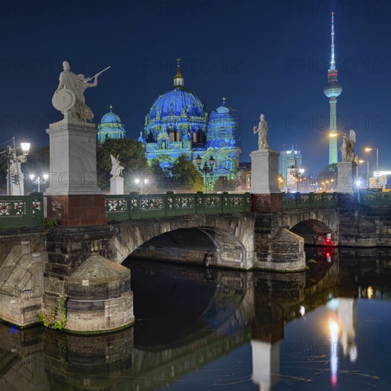Berlin Palace Bridge with Cathedral and TV Tower Festival of Lights Berlin Germany