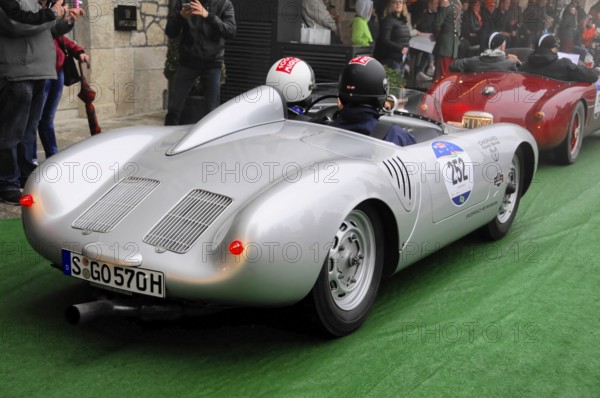 Start No. 252 PORSCHE 550 RS SpyDer built in 1957, Mille Miglia 2016, time control, checkpoint, SAN MARINO, classic car racing. San Marino, Italia