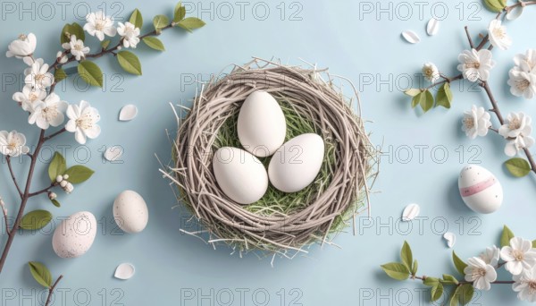 Nest with easter eggs in grass on a sunny spring day, Easter wallpaper decoration drawing, banner, panorama, background, abstract vector illustration, AI generated