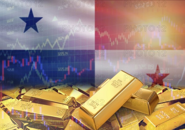 Gold bars on Panama flag in background. Gold bars stacked on Panamanian flag. Concept of Panama gold reserves