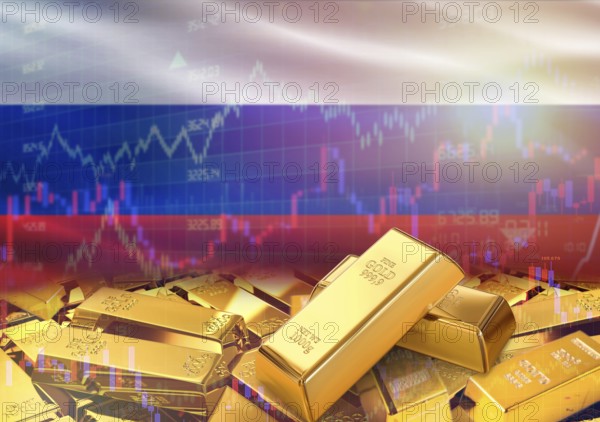 Gold bars on Russia flag in background. Gold bars stacked on Russian flag. Concept of Russia gold reserves