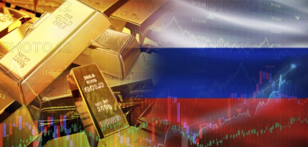 Gold bars stacked on Russian flag. Russia gold reserves, Concept