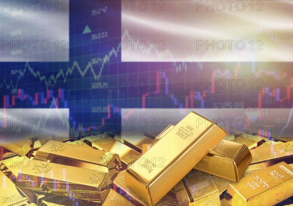 Gold bars on Finland flag in background. Gold bars stacked on Finnish flag. Concept of Finland gold reserves