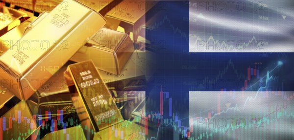 Gold bars stacked on Finnish flag. Finland gold reserves, Concept