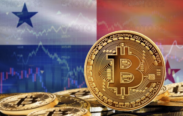 Investors in cryptocurrency and Blockchain Technology in Panama, Concept. Bitcoin with Panama flag in the background