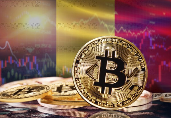 Bitcoin with Belgium flag in the background. Investors in cryptocurrency and Blockchain Technology in Belgium, Concept