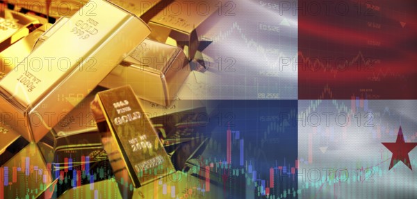 Gold bars stacked on Panamanian flag. Panama gold reserves, Concept