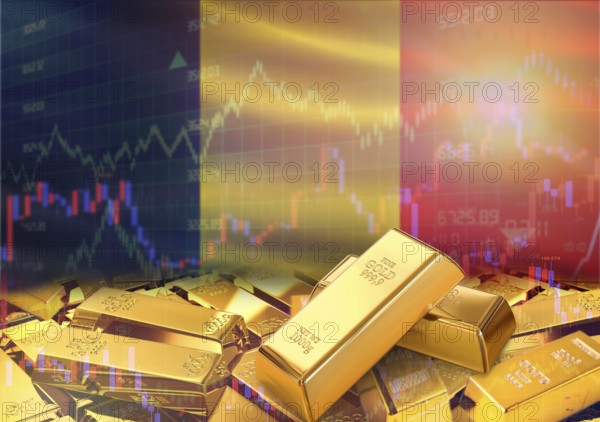 Gold bars on Belgium flag in background. Gold bars stacked on Belgian flag. Concept of Belgium gold reserves