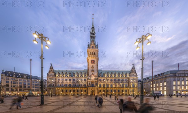 Town Hall Market with Hamburg City Hall at blue hour against a slightly cloudy sky, Hamburg, Germany