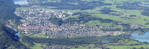 Panorama of Tegelberg, 1881m, on Füssen with historic old town, the Lech and behind it the Weissensee, on the right the Hopfensee and the Forggensee, Ostallgäu, Allgäu, Bavaria, Germany