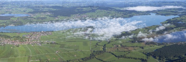 Panorama from Tegelberg, 1881m, on Schwangau, Waltenhofen, Hopfensee, Forggensee and Bannwaldsee, Ostallgäu, Bavaria, Germany
