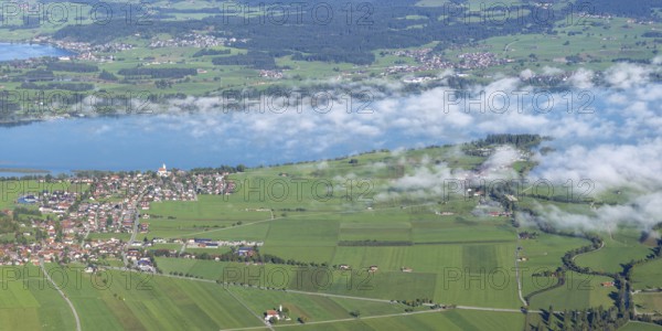 Panorama from Tegelberg, 1881m, on Schwangau, Waltenhofen, Hopfensee and Forggensee, Ostallgäu, Bavaria, Germany