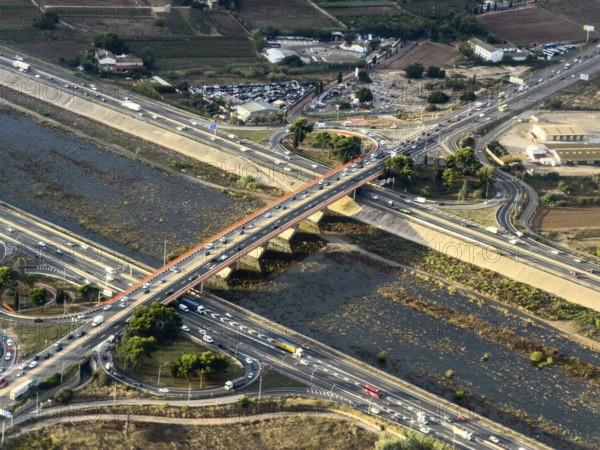 Turia flood canal and road bridges, aerial view, Valencia, Spain