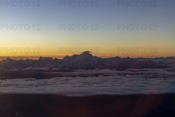 Dawn with view of Mont Blanc massif and the French Alps, aerial view, France