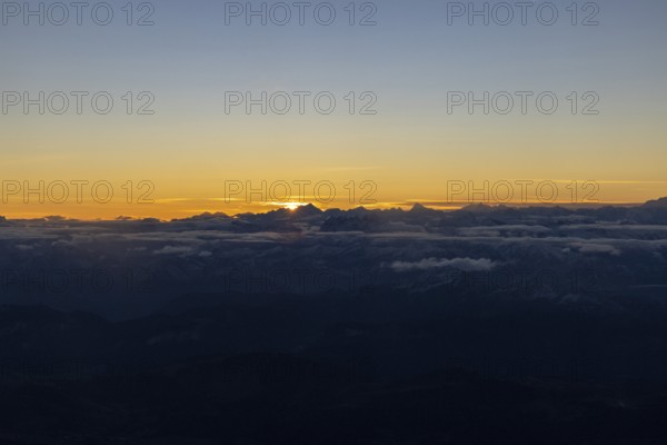 Sunrise over the Valais Alps, aerial view, Valais, Switzerland