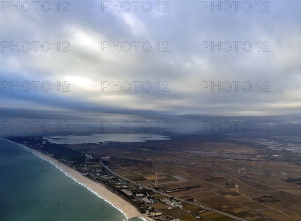 Coastline and lagoon, aerial view, Albufera Natural Park, Valencia, Spain
