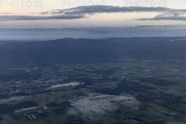 Jura Mountains, in front Lac de Divonne and Divonne-les-Bains, aerial view, Vaud, Switzerland