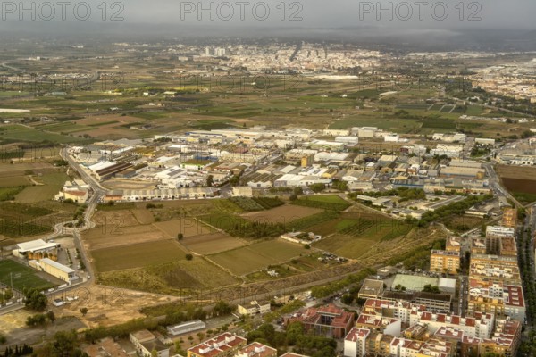 Industrial area at airport, aerial view, Valencia, Spain