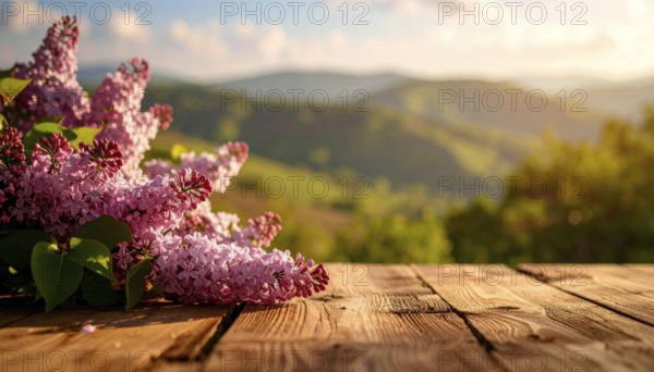Beautiful Spring Lilacs Bloom Over Wooden Table with Rolling Hills in Background, sunrise at horizon, AI generated