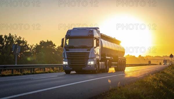 Petrol cargo truck lorry tanker driving on highway hauling oil products at sunrise, wide hilly landscape, AI generated