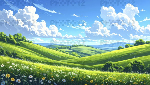 Fresh summer hilly Landscape with blooming Meadow, green plants, Blue Sky with cloudy sky, serene nature background, abstract vector illustration, AI generated
