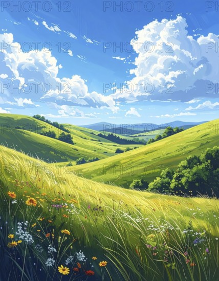 Fresh summer hilly Landscape with blooming Meadow, green plants, Blue Sky with cloudy sky, serene nature background, abstract vector illustration, AI generated