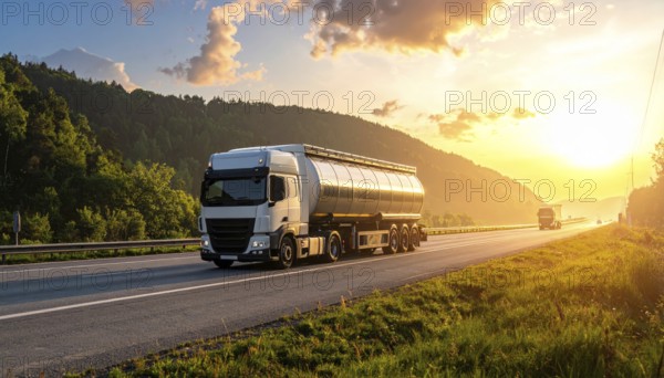 Petrol cargo truck lorry tanker driving on highway hauling oil products at sunrise, wide hilly landscape, AI generated