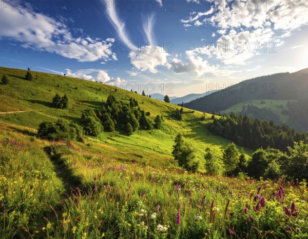 Fresh summer hilly Landscape with blooming Meadow, green plants, Blue Sky with cloudy sky, serene nature background, AI generated