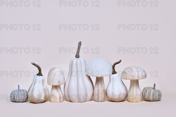 Decorative pumpkin, mushroom and acorn ornaments on beige background. Boho autumn composition