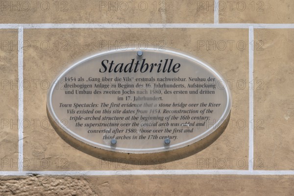 Informnation sign on city glasses, late medieval water gate building over the Vils, Amberg, Upper Palatinate, Bavaria, Germany